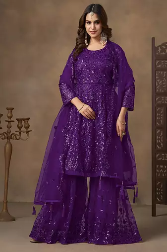 Purple embroidered net palazzo suit