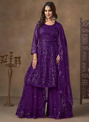 Purple sequins work net palazzo suit 2