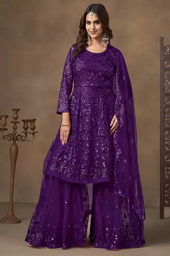 Purple sequins work net palazzo suit