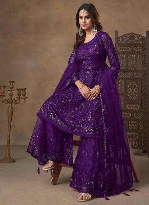 Purple sequins work net palazzo suit 3