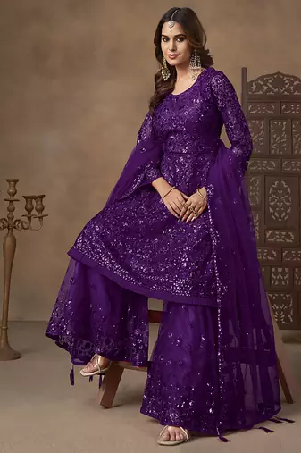 Purple sequins work net palazzo suit