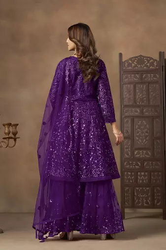 Purple sequins work net palazzo suit
