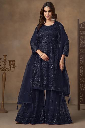 Navy blue embroidered net palazzo suit