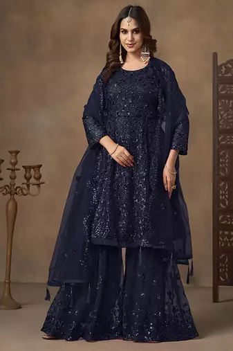 Navy blue embroidered net palazzo suit
