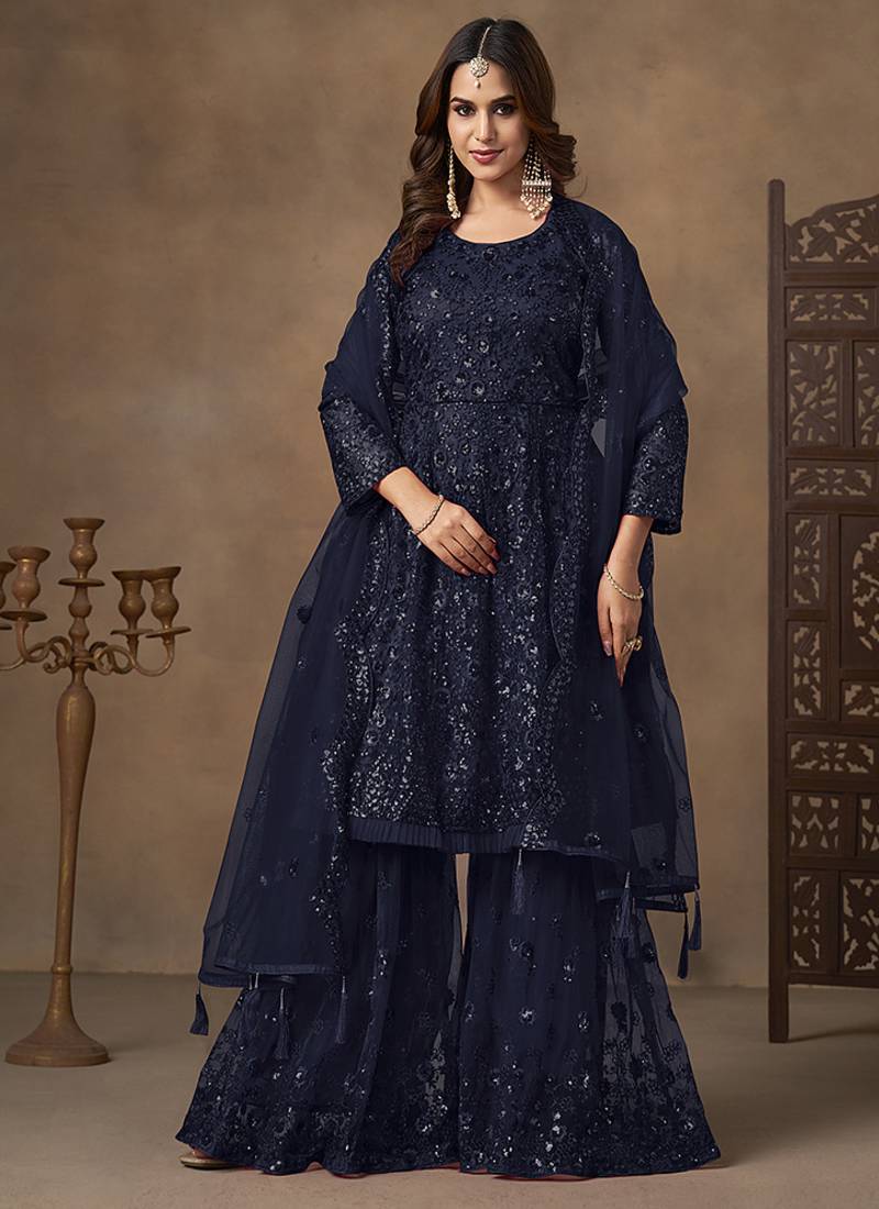 Navy blue embroidered net palazzo suit