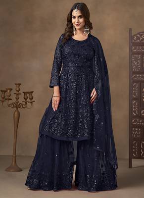 Navy blue sequins work net palazzo suit 2