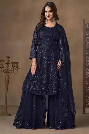 Navy blue sequins work net palazzo suit