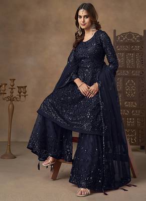 Navy blue sequins work net palazzo suit 3