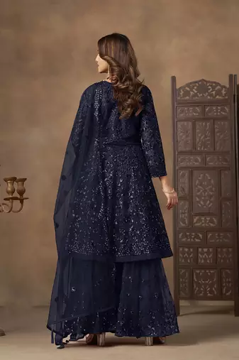 Navy blue sequins work net palazzo suit