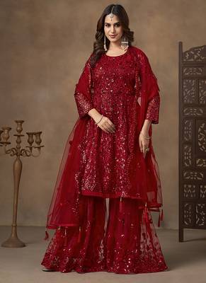 Red sequins work net palazzo suit 1