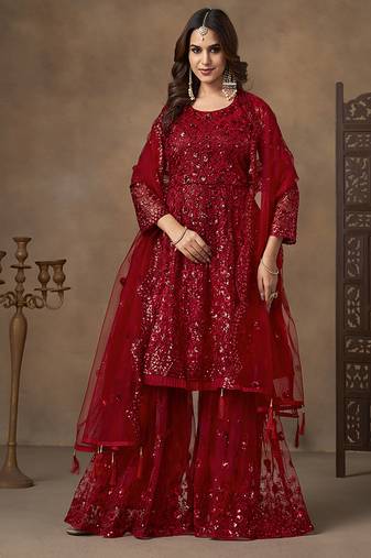 Red embroidered net palazzo suit