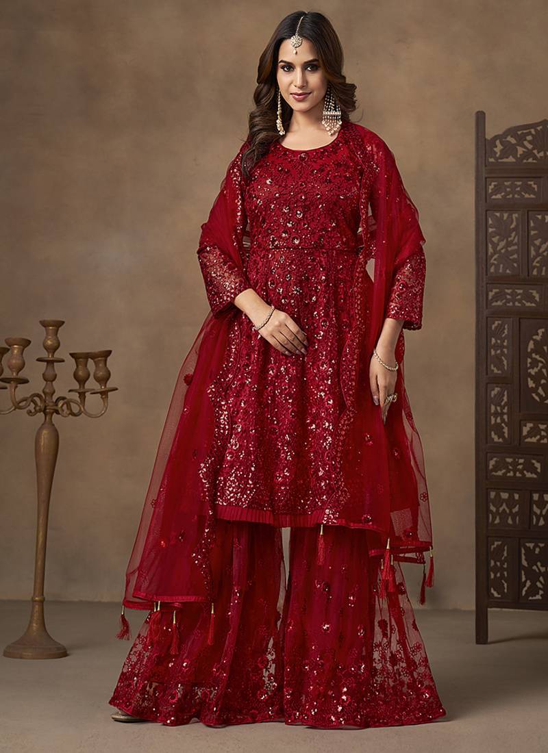 Red embroidered net palazzo suit