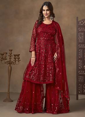 Red sequins work net palazzo suit 2