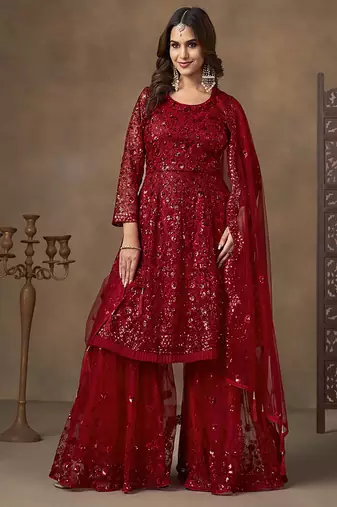 Red sequins work net palazzo suit
