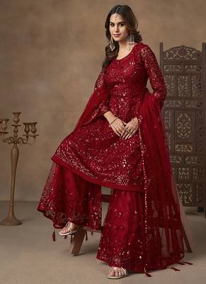 Red sequins work net palazzo suit 3