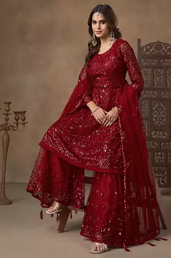 Red sequins work net palazzo suit