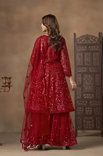 Red sequins work net palazzo suit