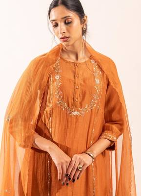 Rust orange camellia suit set with duppata 2