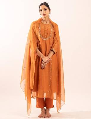 Rust orange camellia suit set with duppata 1
