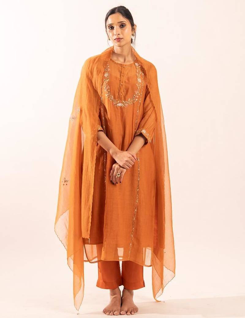 Rust orange camellia suit set with duppata