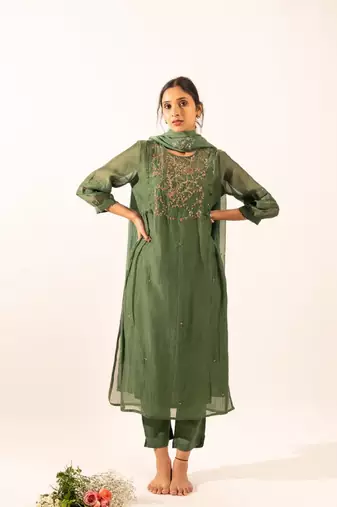 Bottle green victorian kurta set with duppata