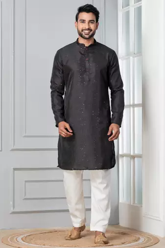 Black embroidery bangalorian kurta pyjama set for festive, reception, weddings