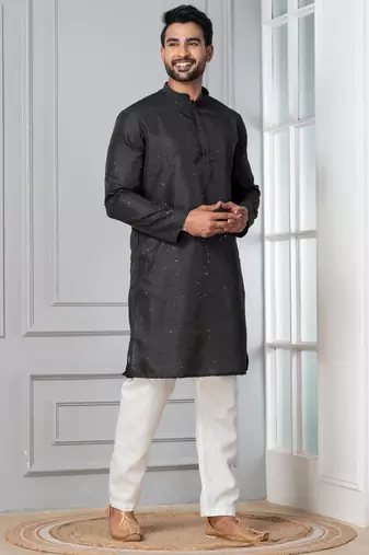 Black embroidery bangalorian kurta pyjama set for festive, reception, weddings