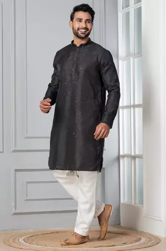 Black embroidery bangalorian kurta pyjama set for festive, reception, weddings