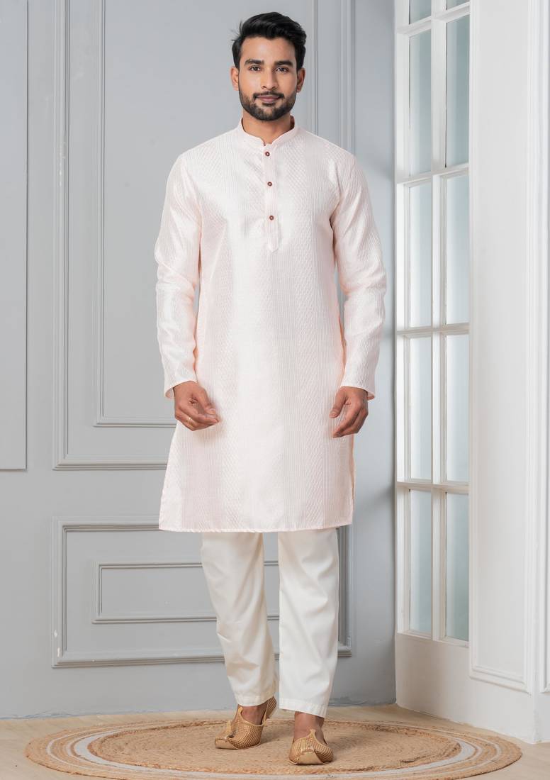 Peach embroidery bangalorian kurta pyjama set for festive, reception, weddings