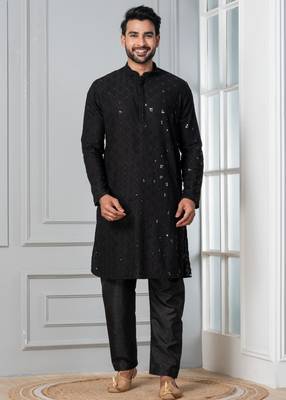 Black embroidery sequence kurta pyjama set for festive, reception, weddings 1