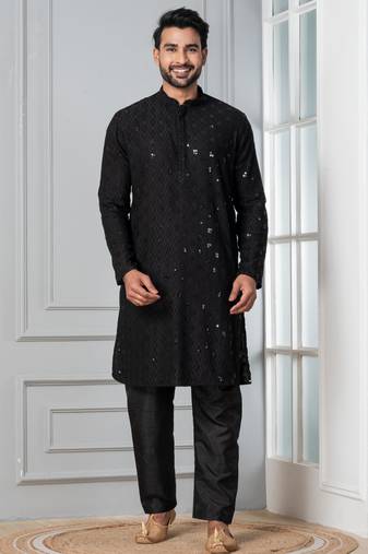 Black embroidery sequence kurta pyjama set for festive, reception, weddings