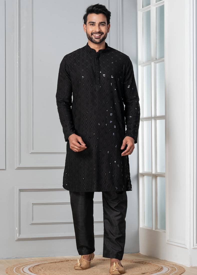 Black embroidery sequence kurta pyjama set for festive, reception, weddings