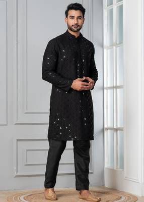 Black embroidery sequence kurta pyjama set for festive, reception, weddings 2