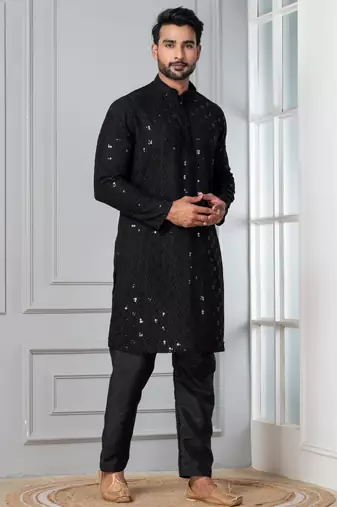 Black embroidery sequence kurta pyjama set for festive, reception, weddings