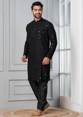 Black embroidery sequence kurta pyjama set for festive, reception, weddings 3