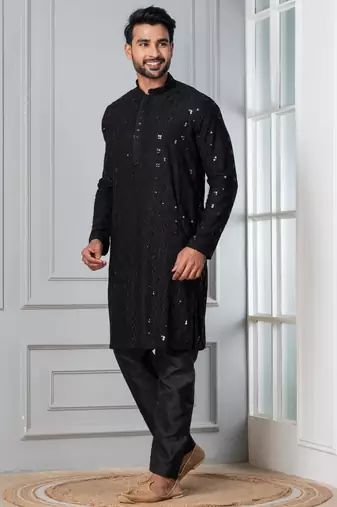 Black embroidery sequence kurta pyjama set for festive, reception, weddings