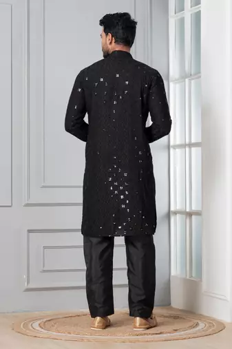 Black embroidery sequence kurta pyjama set for festive, reception, weddings