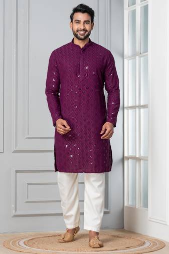 Purple embroidery sequence kurta pyjama set for festive, reception, weddings
