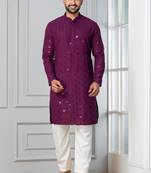Purple embroidery sequence kurta pyjama set for festive, reception, weddings