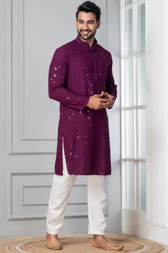 Purple embroidery sequence kurta pyjama set for festive, reception, weddings