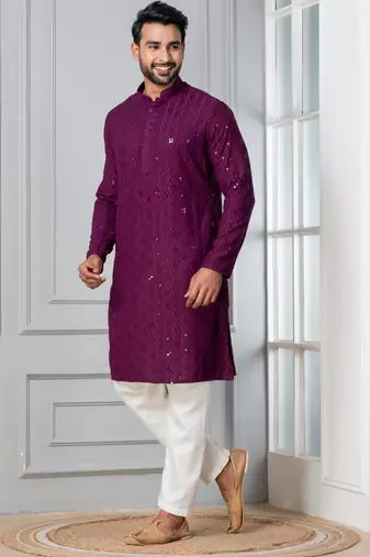 Purple embroidery sequence kurta pyjama set for festive, reception, weddings