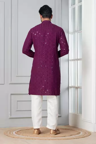 Purple embroidery sequence kurta pyjama set for festive, reception, weddings