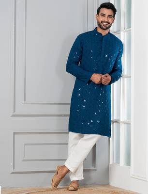 Blue embroidery sequence kurta pyjama set for festive, reception, weddings 1
