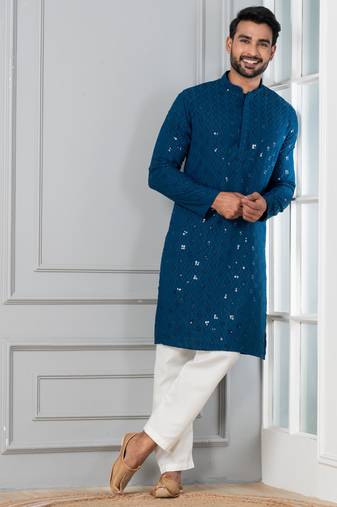 Blue embroidery sequence kurta pyjama set for festive, reception, weddings