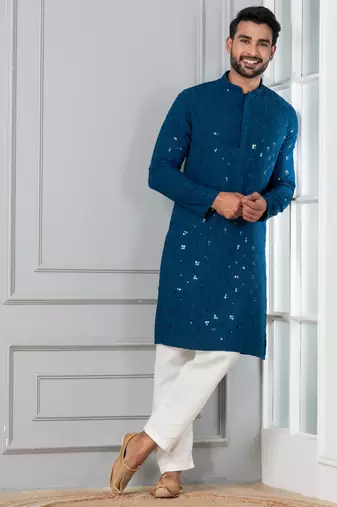 Blue embroidery sequence kurta pyjama set for festive, reception, weddings