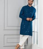 Blue embroidery sequence kurta pyjama set for festive, reception, weddings