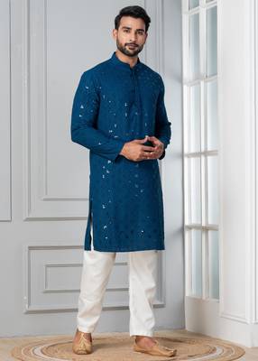 Blue embroidery sequence kurta pyjama set for festive, reception, weddings 2