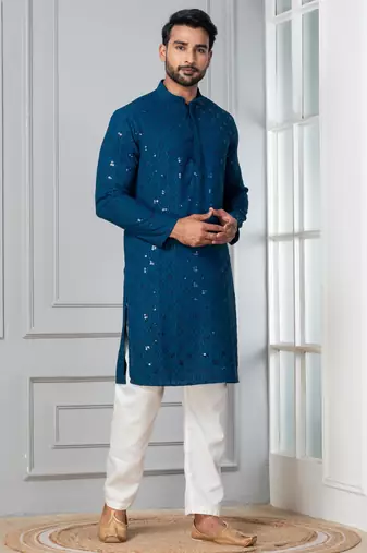 Blue embroidery sequence kurta pyjama set for festive, reception, weddings