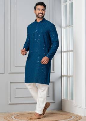 Blue embroidery sequence kurta pyjama set for festive, reception, weddings 3