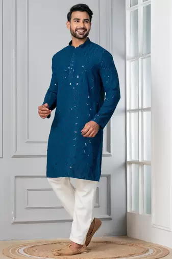 Blue embroidery sequence kurta pyjama set for festive, reception, weddings